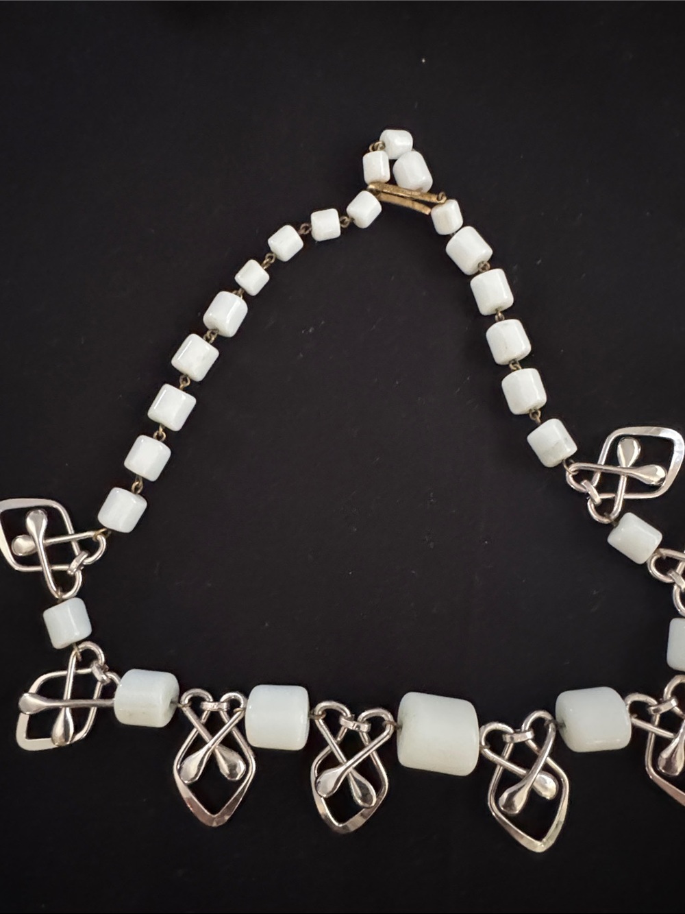 White Bead Necklace with Silver Knot Accents